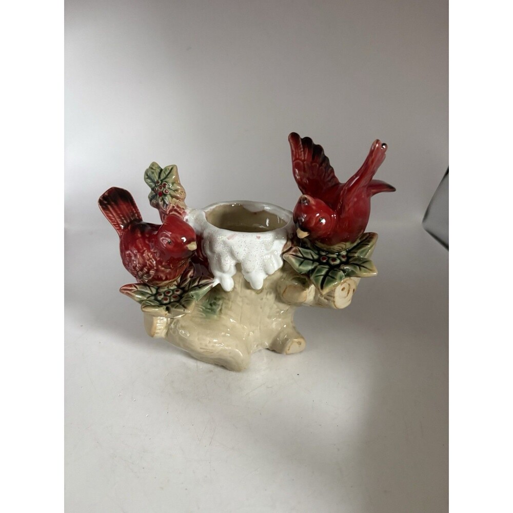 Vintage Red Cardinals On Holly Branches Ceramic Tea Light Candle Holder Figurine